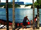 Canaima lagoon white sand red water
